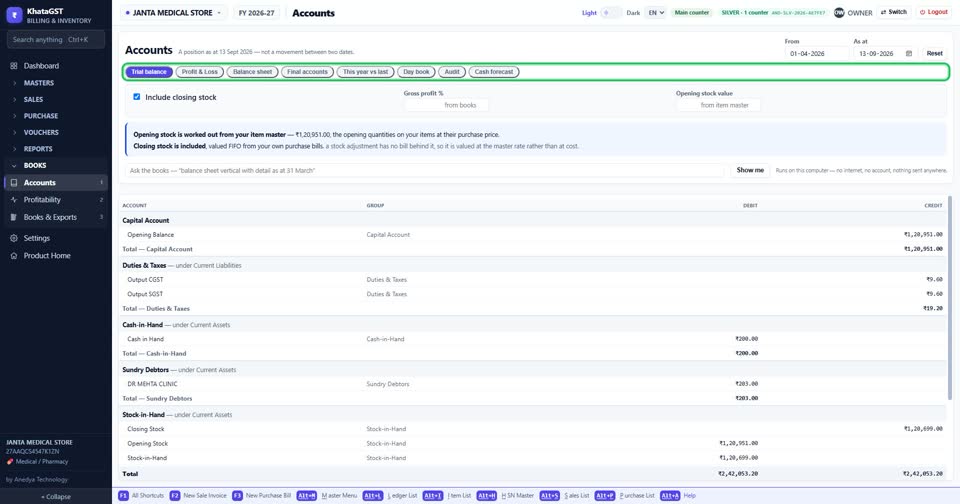 Open Reports, Accounts. The tabs are the trial balance, profit & loss, balance sheet, fina
