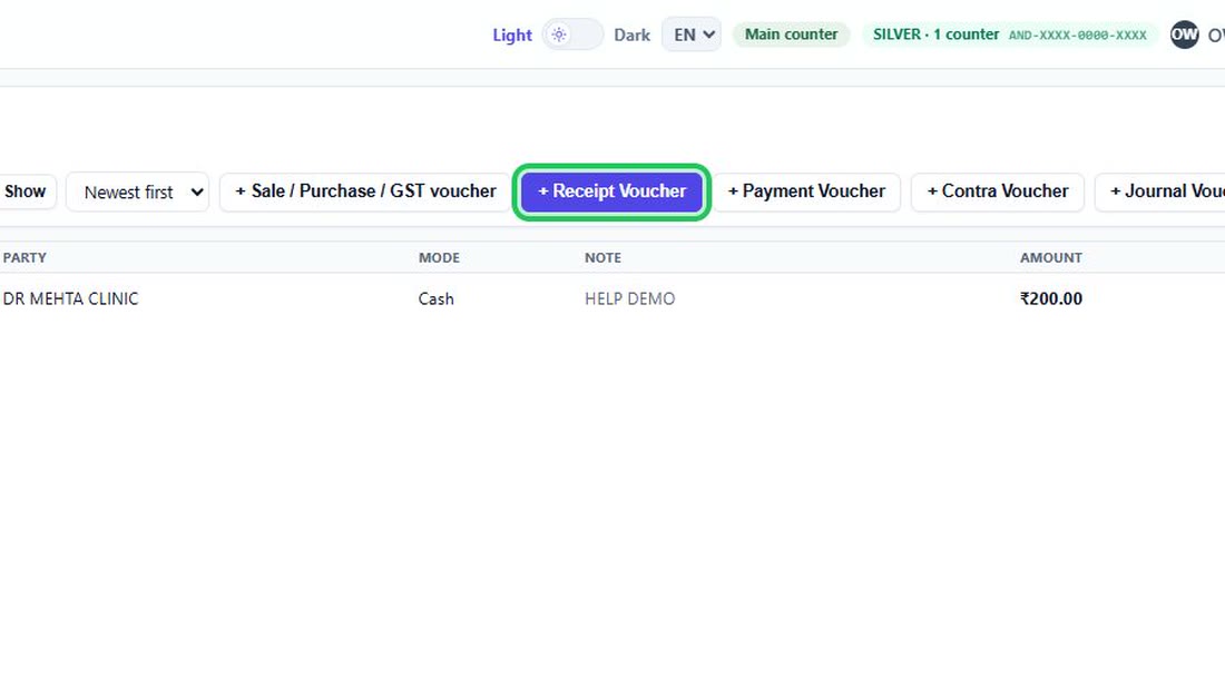 Start a new receipt, payment or contra from the buttons here — or F4, F6 and F5 from anywh