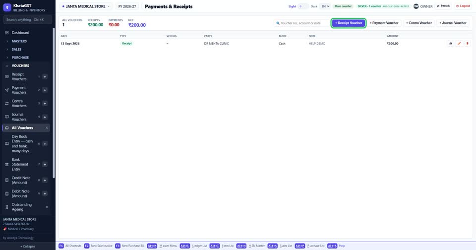 Start a new receipt, payment or contra from the buttons here — or F4, F6 and F5 from anywh
