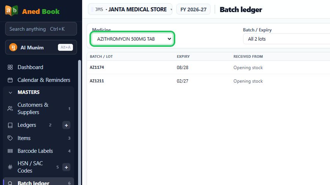 Open Masters, Batch Ledger and choose the item.