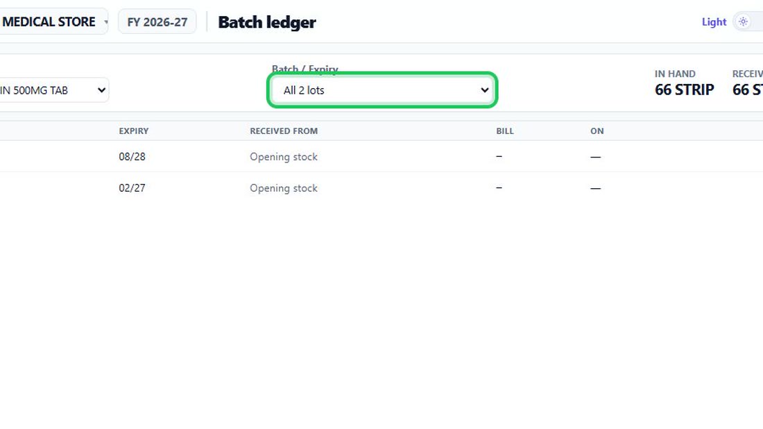 Choose one lot, or all of them. Each lot shows its expiry and what is in hand, and an expi