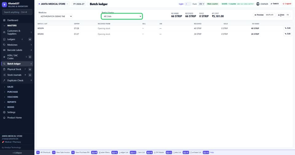 Choose one lot, or all of them. Each lot shows its expiry and what is in hand, and an expi