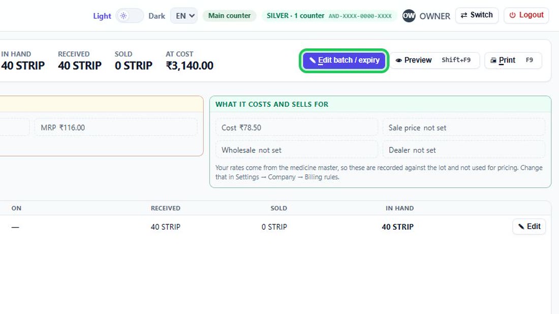 With one lot chosen, Edit corrects its number, expiry or MRP.
