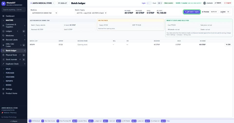 With one lot chosen, Edit corrects its number, expiry or MRP.