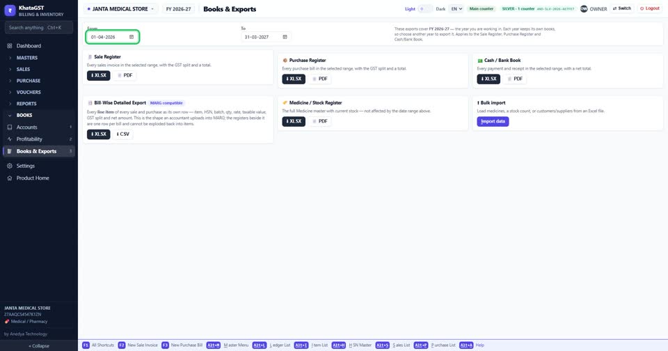 Open Books & Exports. Set the From and To dates first — every register on the screen follo