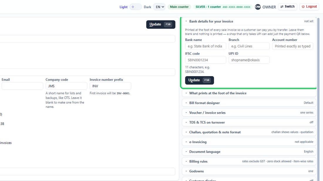 Open “Bank details for your invoice” and fill in the bank, branch, account number and IFSC