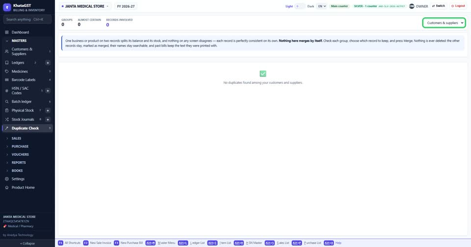 Open Masters, Duplicate Check. Choose whether to look at customers and suppliers, or at it