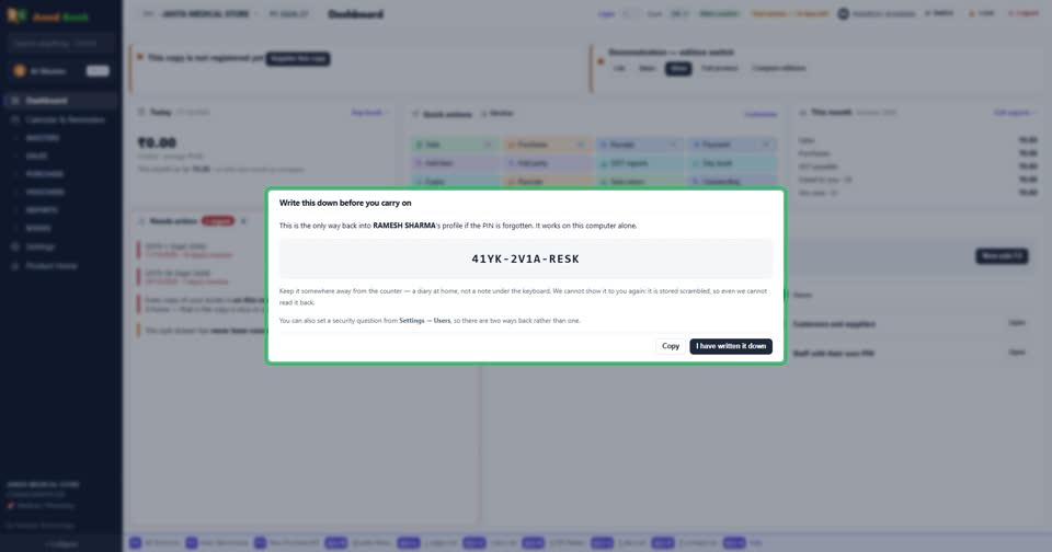 Write the recovery code down and keep it somewhere safe. It is shown only this once, and i