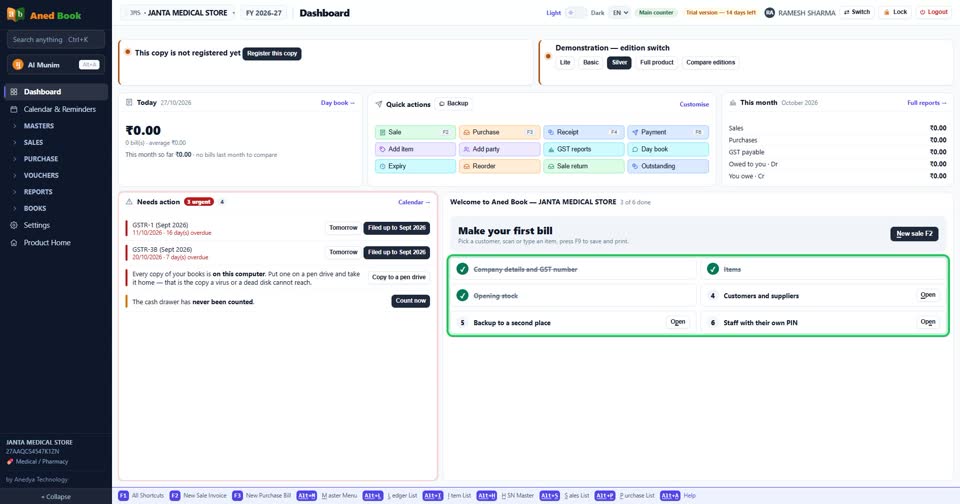 The dashboard opens with your first steps. Each one ticks itself when it is done — the boo