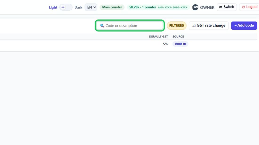 Search by code or by description.