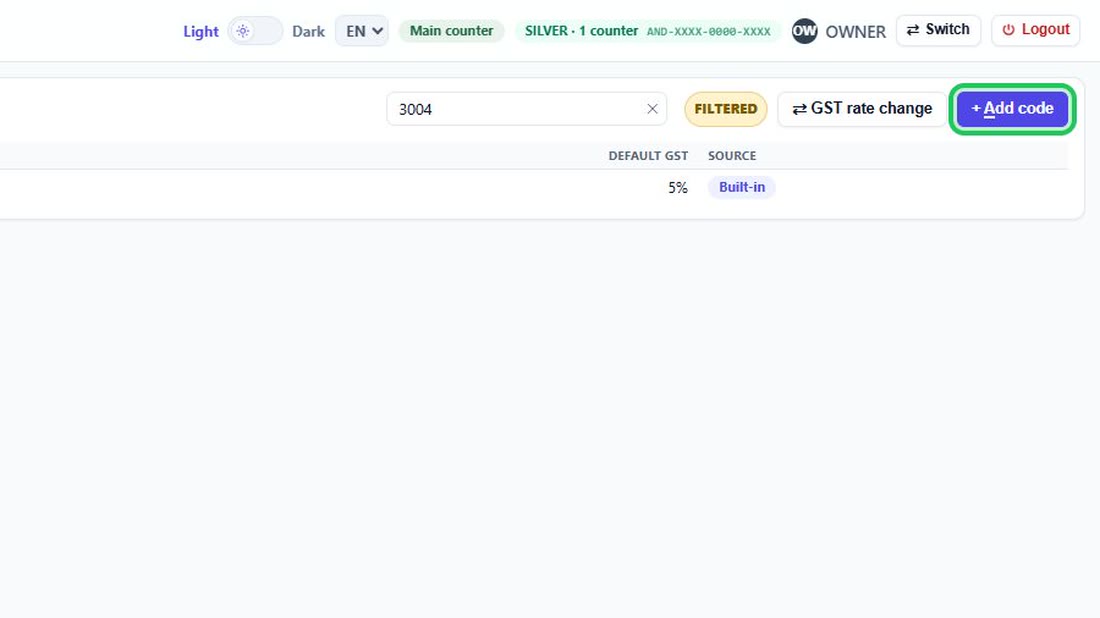 Add a code of your own with + Add code. Always confirm the exact rate on the GST portal — 