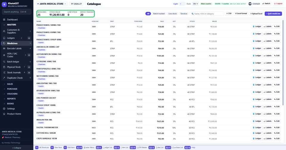 Open Masters and your item list. The top line counts your items, the stock value at cost, 