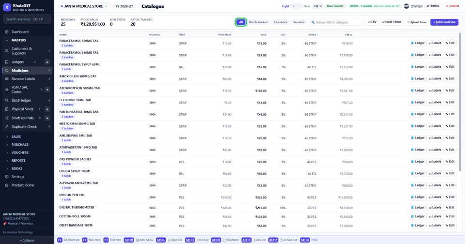 The tabs show everything, batch-tracked items, low stock, or services only.
