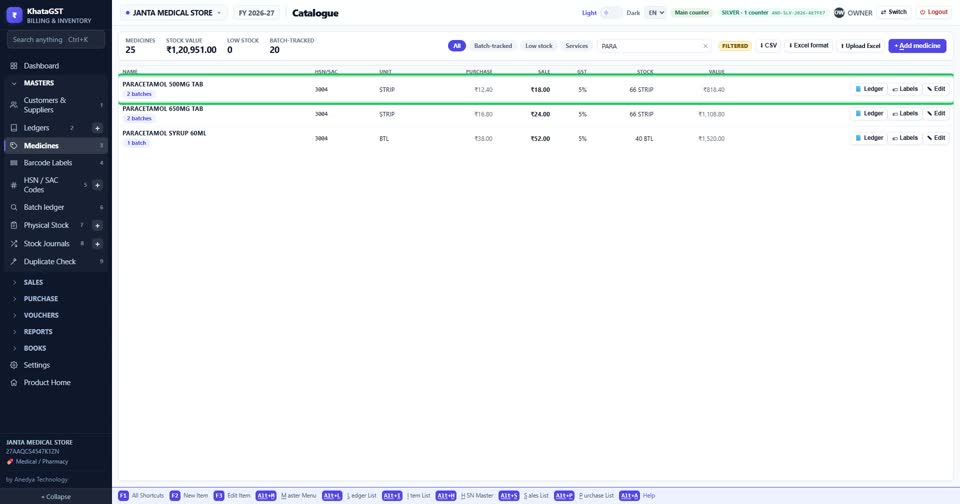 Each row gives the HSN code, unit, purchase and sale rate, GST, stock and its value. Stock