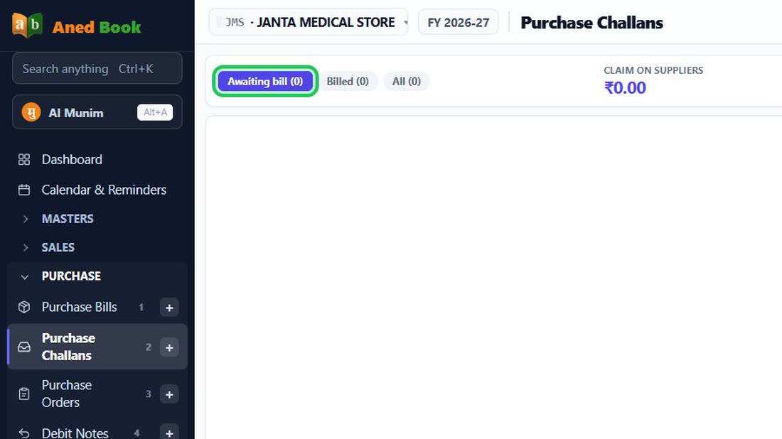 Open Purchase, Purchase Challans. The tabs show receipts awaiting the supplier’s bill, tho