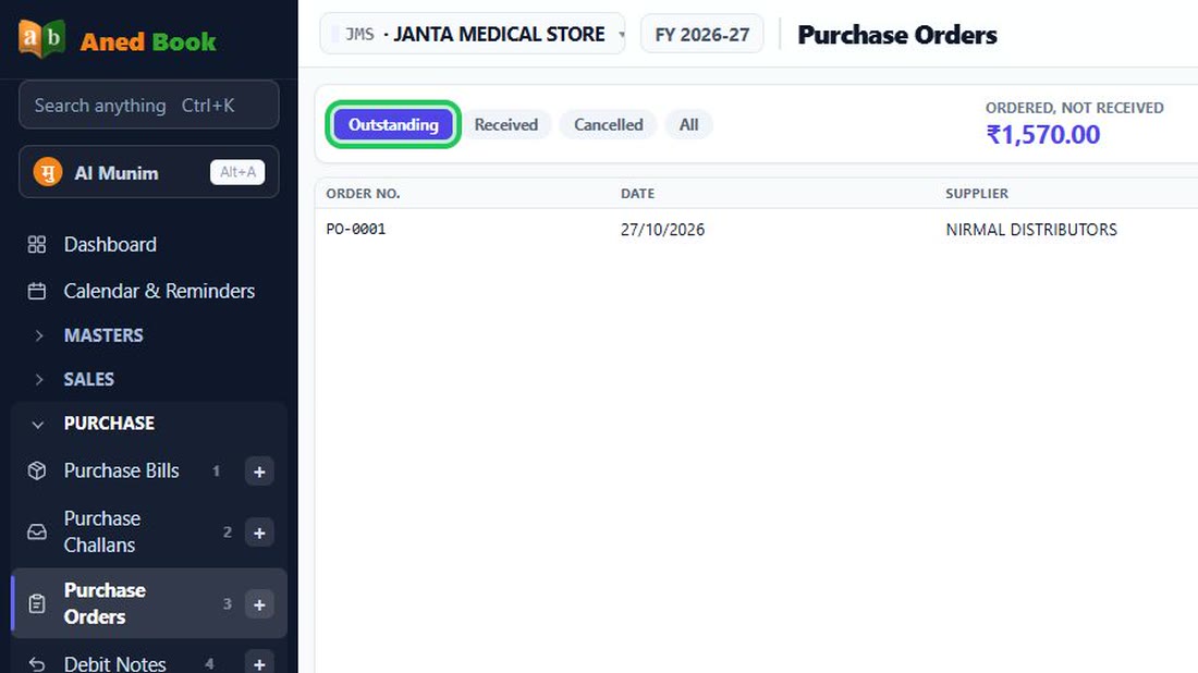 Open Purchase, Purchase Orders. The tabs show outstanding, received and cancelled orders, 
