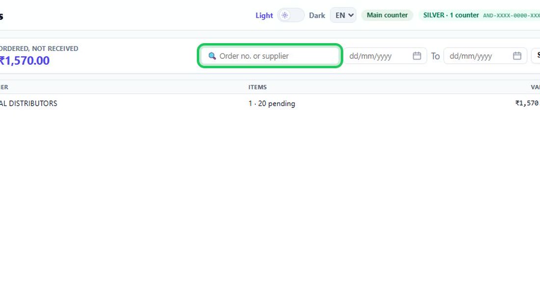Search by order number or supplier.