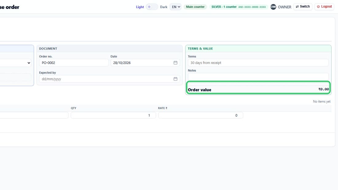 The order’s value is added up as you fill it. Once goods start arriving, the same box show