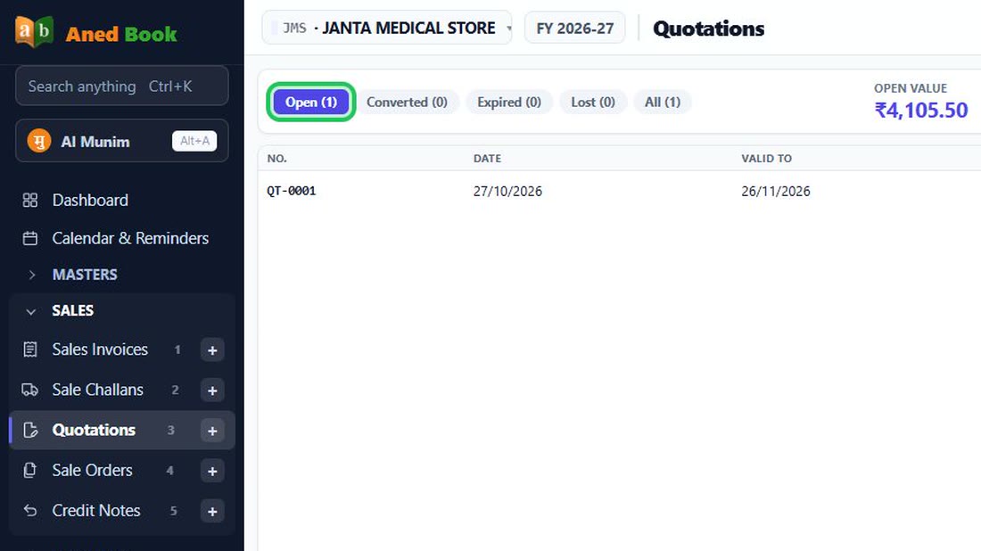 Open Sales, Quotations. The tabs show open, converted, expired and lost quotations, and th