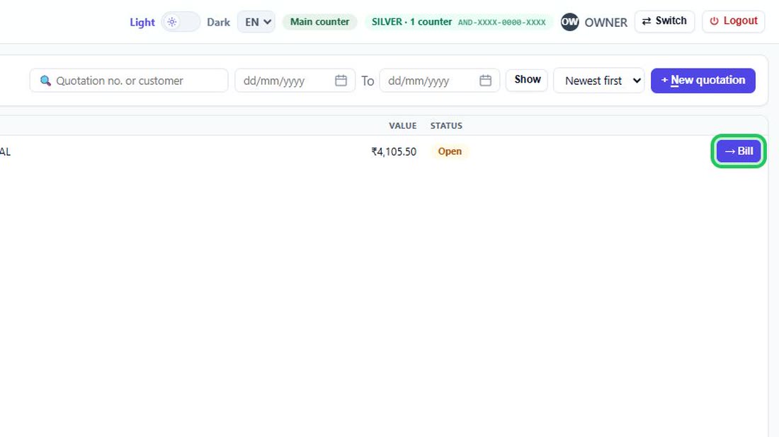 Back on the list, the Bill button on an open quotation turns it into an invoice. A convert