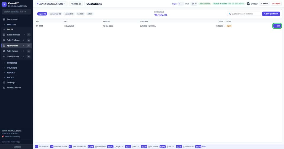 Back on the list, the Bill button on an open quotation turns it into an invoice. A convert