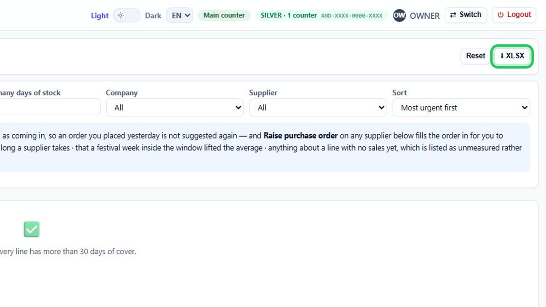 XLSX saves the list to send to your supplier; Reset puts every choice back.