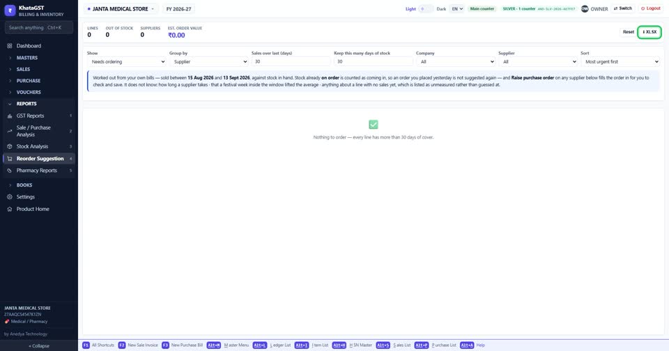 XLSX saves the list to send to your supplier; Reset puts every choice back.