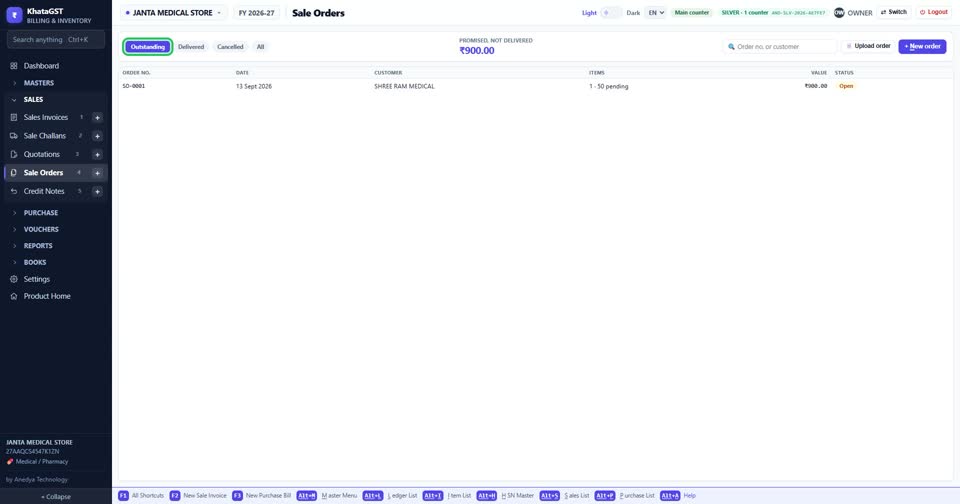 Open Sales, Sale Orders. The tabs show outstanding, delivered and cancelled orders, and th