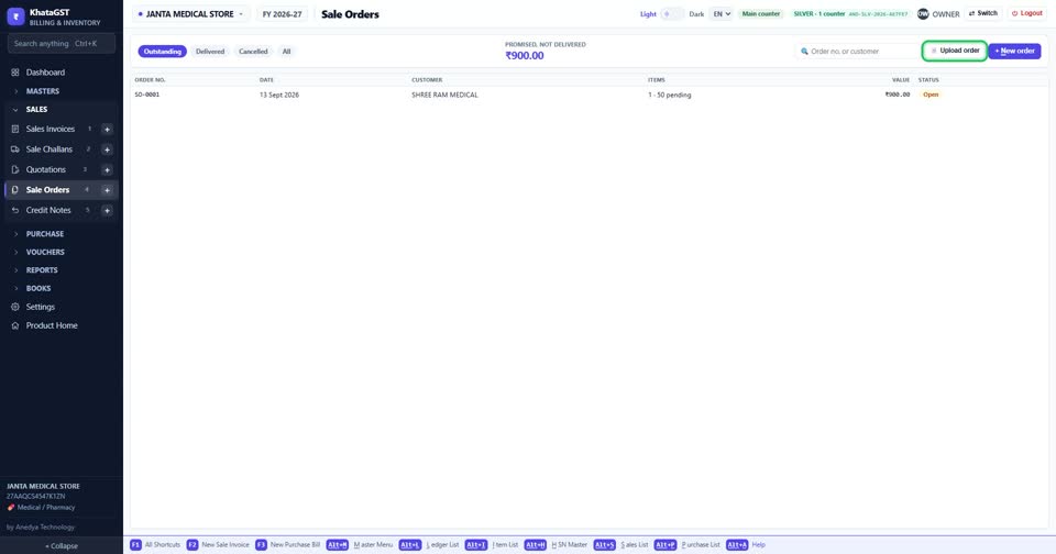 Upload order reads a customer’s order from a PDF or photo instead of typing it.