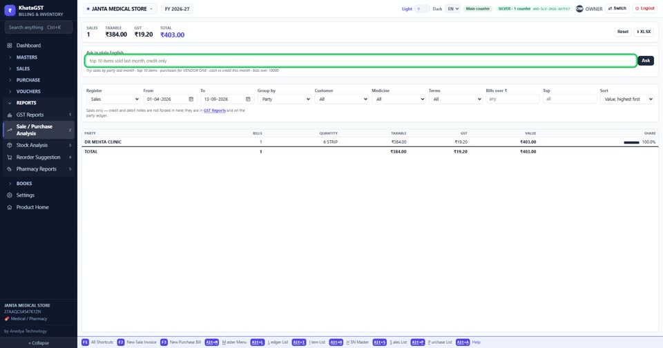 Type your question — for example “sales by party last month”, “top 10 items” or “cash vs c
