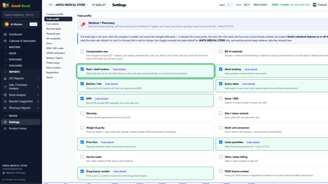 Switch individual features on or off. Each switch changes this company only, and records a