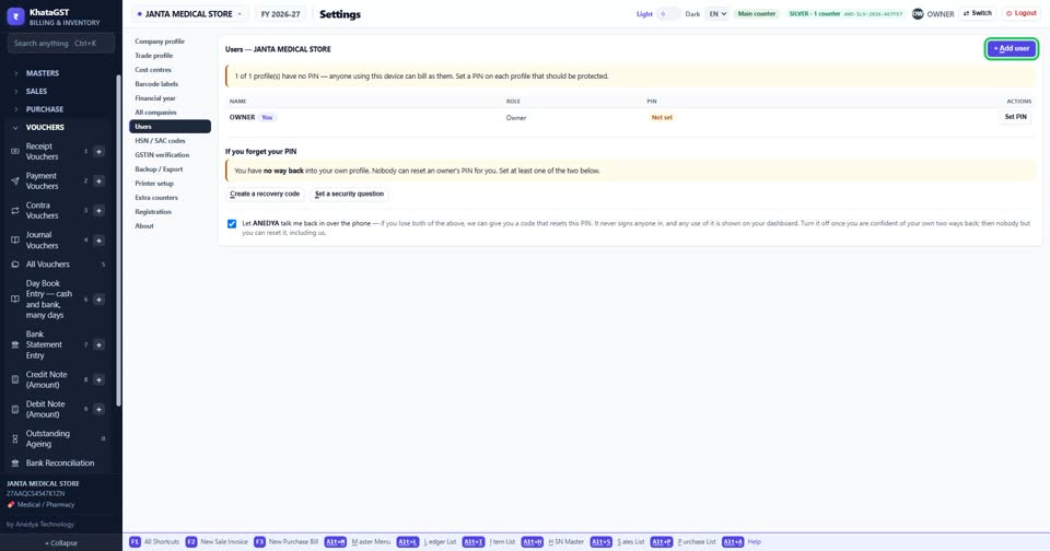The owner adds staff with + Add user.