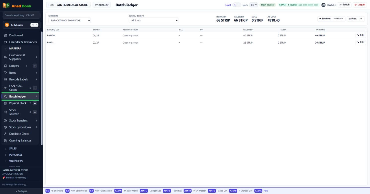 Batch ledger in Aned Book, with the menu open at Masters