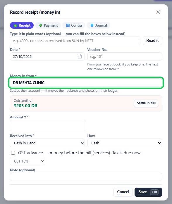 Close-up: Type the customer’s name and pick them from the list. Their balance shows straig