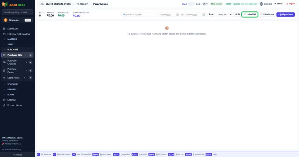 On Purchase Bills: Upload bill. Upload many takes a pile of bills at once.
