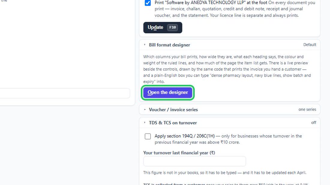 On the right, open “Bill format designer” and press “Open the designer”.