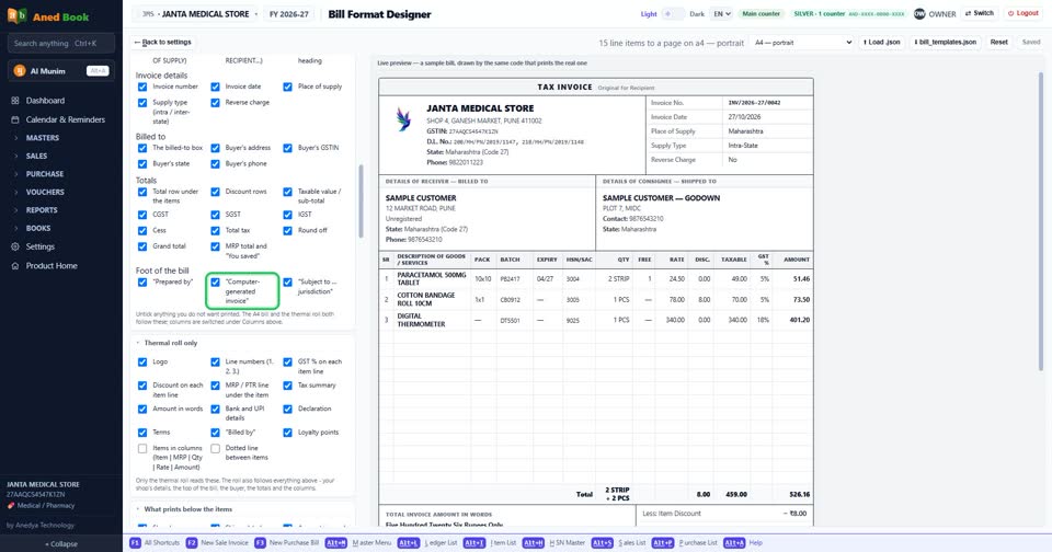 In the bill designer: “Computer-generated invoice”. Tick to print it, untick to leave it o
