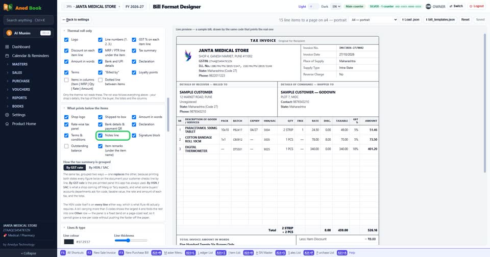 In the bill designer: “Notes line”. Tick to print it, untick to leave it off, then Save fo