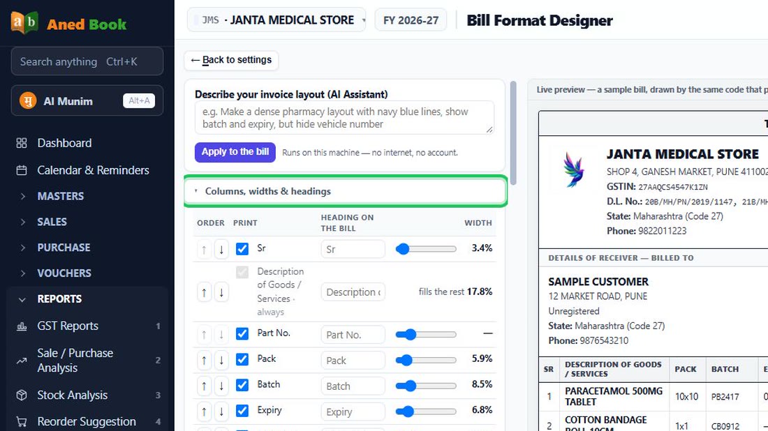 In the designer, find the part “Columns, widths & headings”.