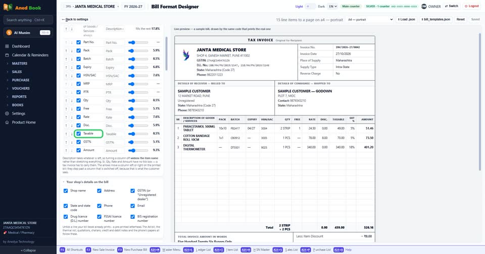 In the bill designer: “Taxable”. Tick to print it, untick to leave it off, then Save forma