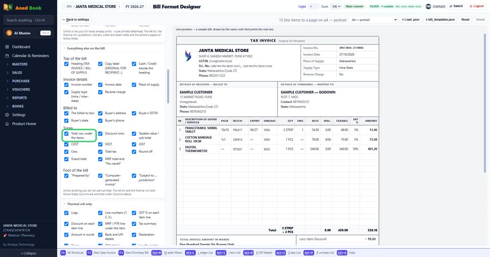 In the bill designer: “Total row under the items”. Tick to print it, untick to leave it of