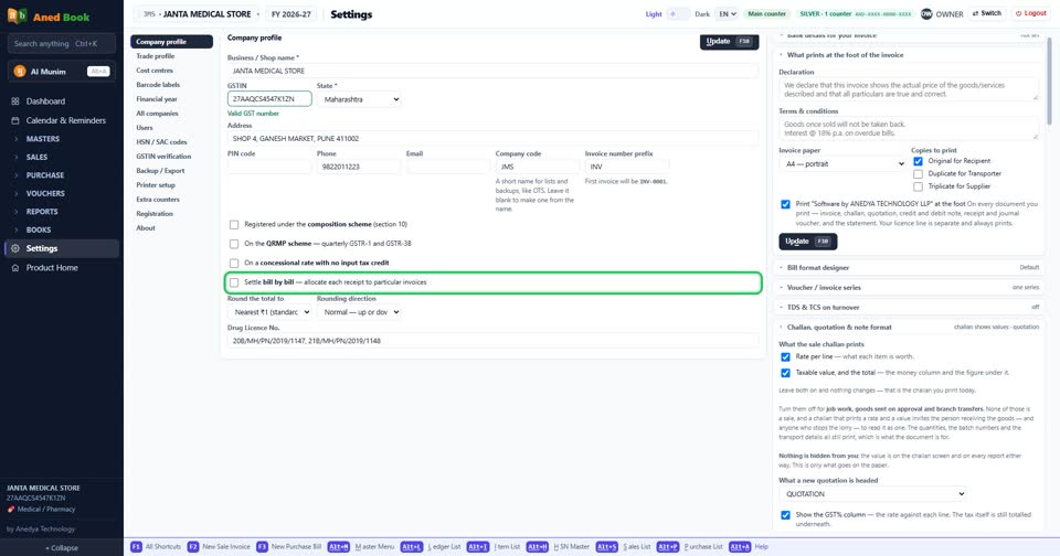 Settings › Company profile: “bill by bill”. Tick for on, untick for off.