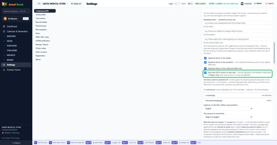 Settings › Company profile: “Show the GST% column on the note”. Tick for on, untick for of