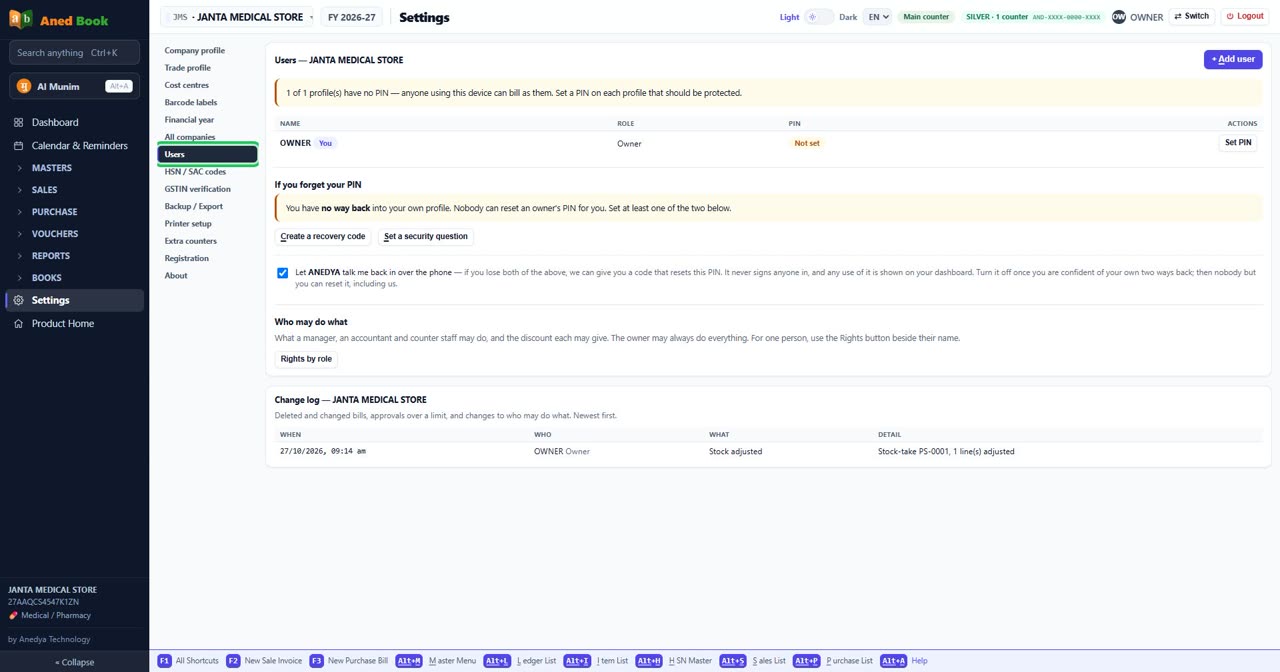 Users in Aned Book, with the menu open at Settings