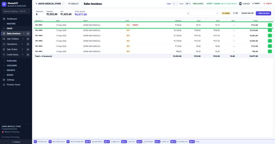पहले उसका बिल ढूँढिए। Sales Invoices की list में ऊपर search है — bill number या customer क
