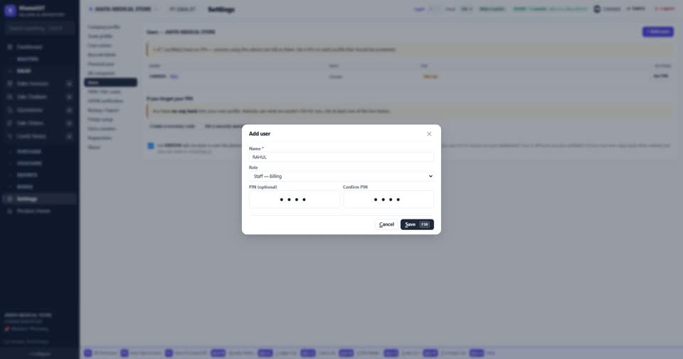 Add user दबाइए — नाम, काम, और एक PIN। दोबारा PIN डालकर पक्का कीजिए।