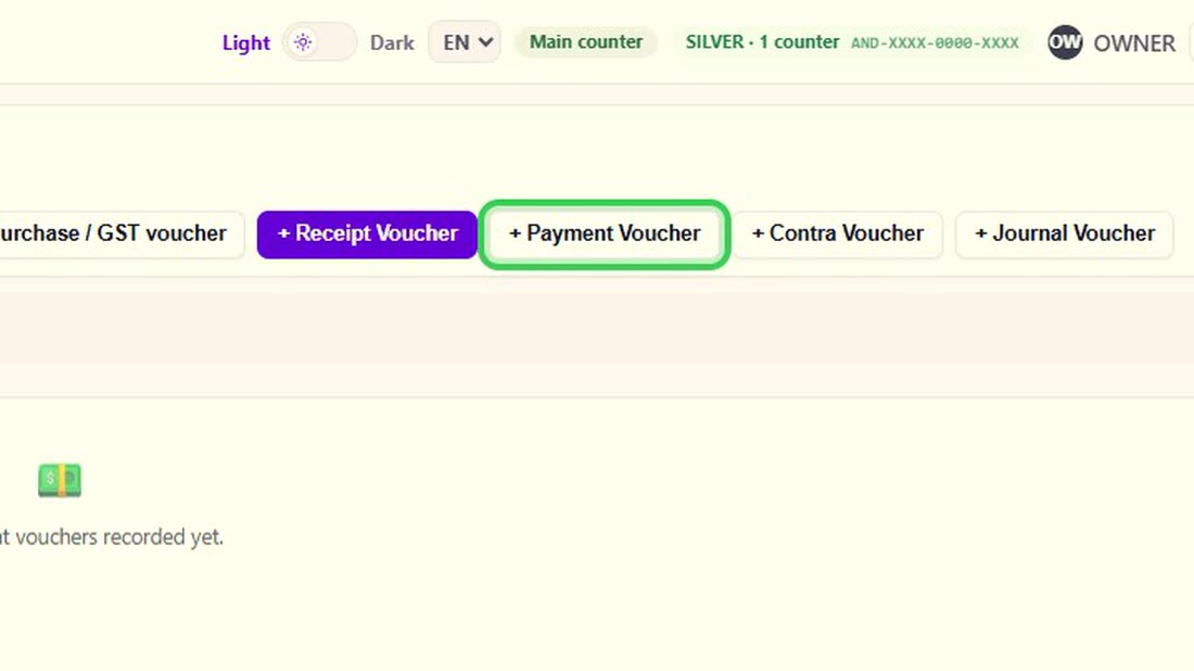 menu में Vouchers खोलिए, और Payment Vouchers। ऊपर plus Payment Voucher दबाइए — या कहीं से 