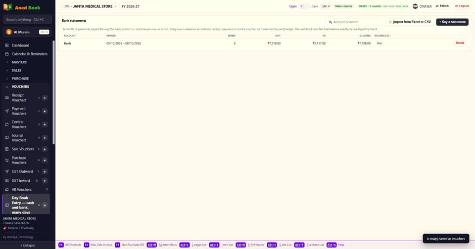 statement की grid पूरी भरी हुई आती है — हर line, उसका voucher, और balance मिला हुआ। बस F10