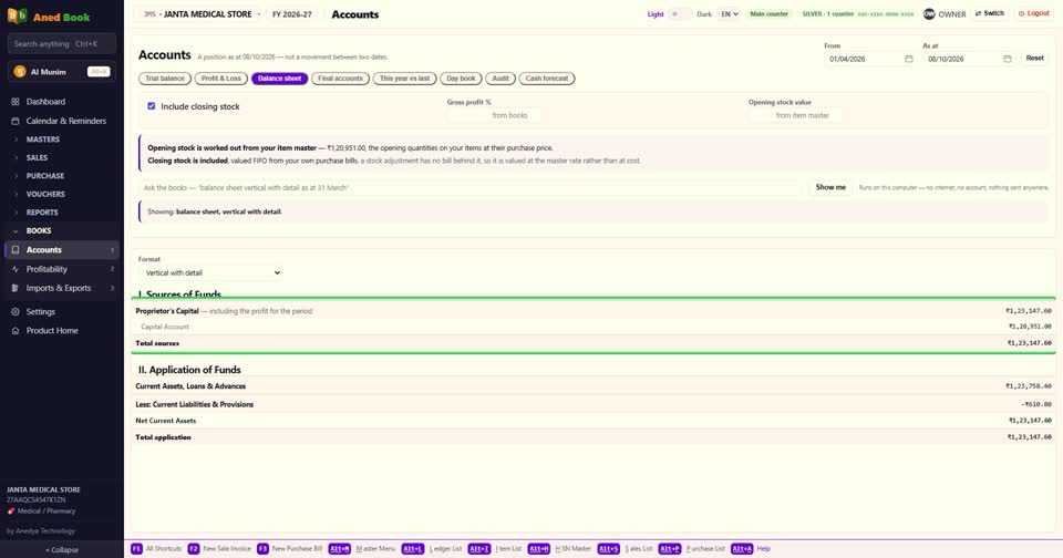 और Ask the books में अपने शब्दों में माँगिए — जैसे balance sheet vertical with detail — और