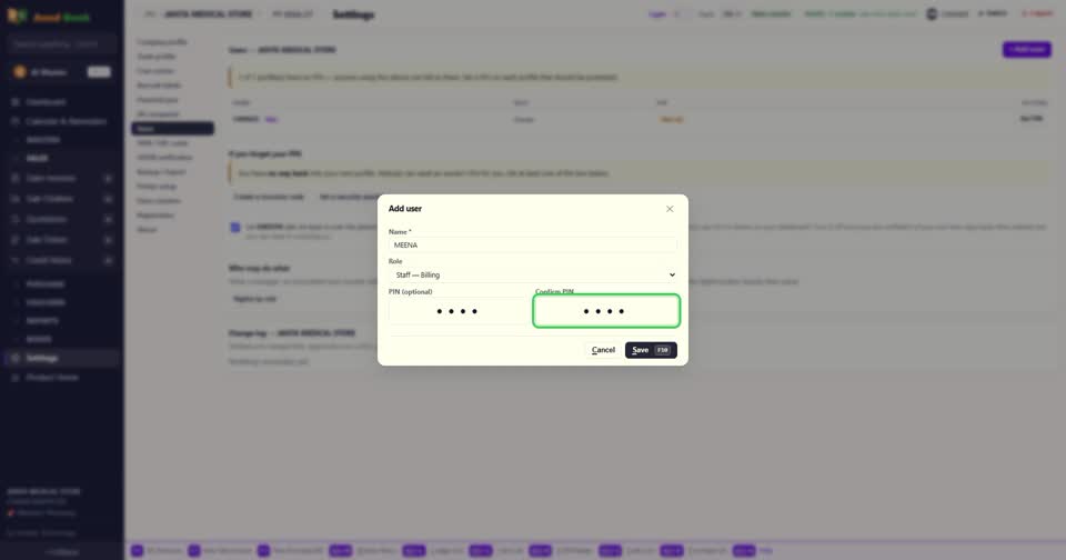 Add user — नाम, और काम — Staff, Manager, या Accountant — और उसका PIN, दो बार।